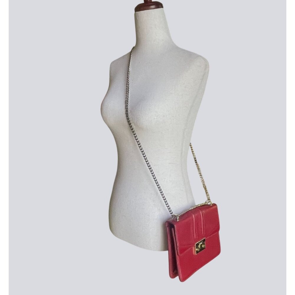 Charles & Keith Red Leather Shoulder Crossbody Bag Gold Chain Strap Push-Lock - Picture 9 of 11